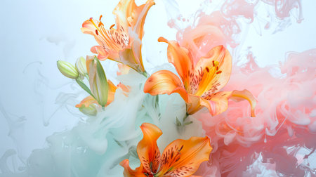 Close-up of a bouquet of pale orange lilies in pink-gray smoke on a white background. Stylish beautiful floral background. A postcard for March 8th. The mystical conceptの素材