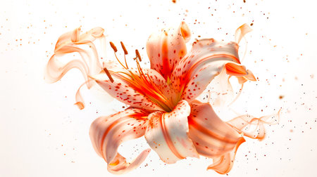 An elegant lily flower bud floats in the air surrounded by pollen and orange splashes of watercolor ink. A postcard for the March 8th holiday. A symbol of spring, love and beauty.の素材