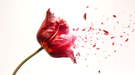 A juicy scarlet tulip disintegrates into small pieces in the air on a white background. A red tulip flower with petals scattered in the air. March 8th. A symbol of love and passion. The concept of the bannerの素材
