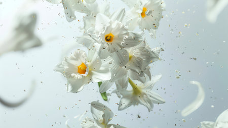 Close-up of a bouquet of white flowers with yellow centers. Daffodils are scattered in the air, giving the impression of a splash of color and life. The concept of joy and vitality. The concept of a postcard for a women's holidayの素材