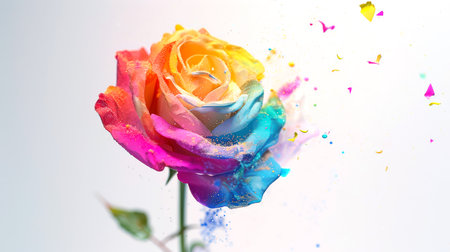 A beautiful rainbow rose is like a gift for March 8th. A bright sparkling rose with lots of sequins. The concept of a banner for March 8 or Valentine's Day. The image creates a cheerful and playful moodの素材