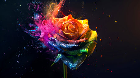 A bright rainbow rose sprays water droplets in different directions on a black background. A festive gift card for March 8th or any other holiday or celebration. There is something fabulous, unearthly in this imageの素材