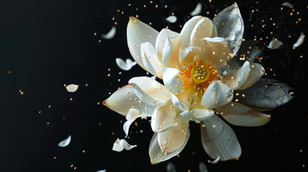 Meditation and self-knowledge. A white lotus with a yellow center is surrounded by a cloud of white petals and pollen. There is something fabulous, unearthly in the image, as if a flower is floating in the air on a black background.の素材
