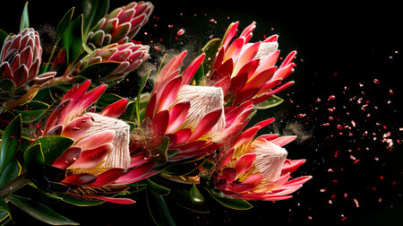 Close-up of an exotic bouquet of protea flowers on a black background. A holiday card for March 8 with a copy space for the text. The flowers are surrounded by a cloud of pollen, which creates the impression of a fairy tale. Love, beauty and springの素材