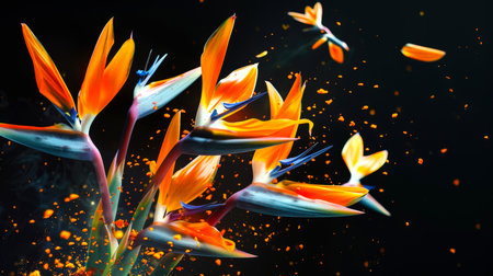 Bright orange tropical strelitzia flowers on a black background. A stylish postcard for March 8th. Golden pollen surrounds an exotic bouquet of strelitzia. A bouquet of orange flowers is falling from the sky.の素材