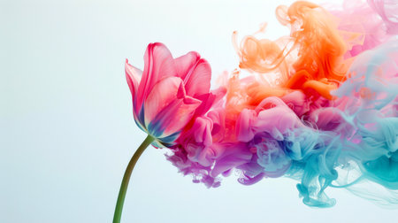 A thick mystical purple-blue-orange smoke is coming from the blooming extraordinary pink tulip. The concept of beauty and fragility. A festive postcard for women's Day - March 8th. Poster conceptの素材