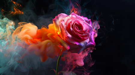 A bright mauve rose is surrounded by colorful stylish mysterious smoke and steam. The concept of a postcard for International Women's Day is March 8. Wedding and romance. A celebration of spring and love.の素材