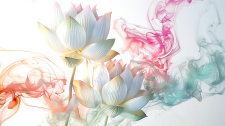 White lotus flowers mix with splashes of watercolor ink in the air on a white background. Meditation and introspection. There is something dreamy, unearthly in the paintingの素材