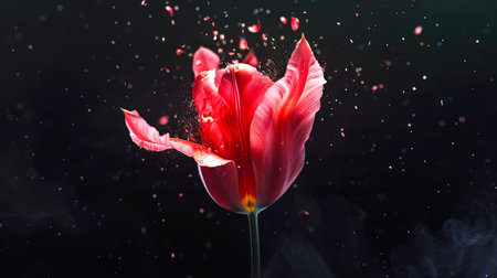 Happy 8th of March. Close-up of a single scarlet tulip with many petals on a black smoky background. The flower is surrounded by a lot of smoke and dust, which gives it a dramatic and intense lookの素材