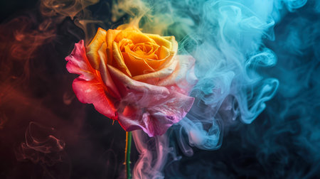 An unusual pink and yellow rose in clouds of multicolored smoke. A symbol of spring, love and beauty. A postcard for March 8th. There is something fabulous and unearthly about this image.の素材