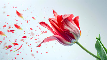 A beautiful red tulip is swaying in the wind. The flower is surrounded by a cloud of red petals that are scattered around it. The concept of love and spring. A postcard for March 8th. Women's day. The posterの素材