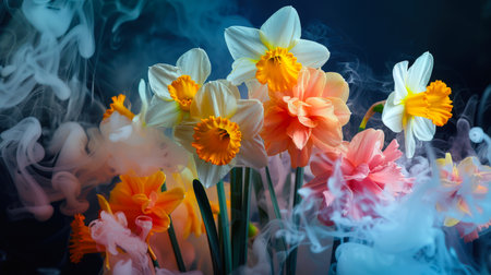 A bouquet of daffodils is surrounded by smoke, creating a surreal and fabulous atmosphere. The smoke gives the scene an element of mystery and intrigue, giving it an almost otherworldly appearance. Floral background. The concept of the postcardの素材