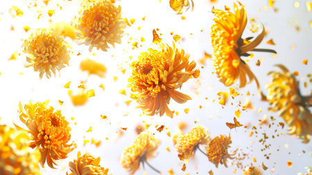 A bunch of yellow chrysanthemum buds dancing in the air on a white background. The flowers are flying in different directions. The concept of a backdrop for the design of a poster for March 8 or Valentine's Day. A symbol of spring and beauty.の素材