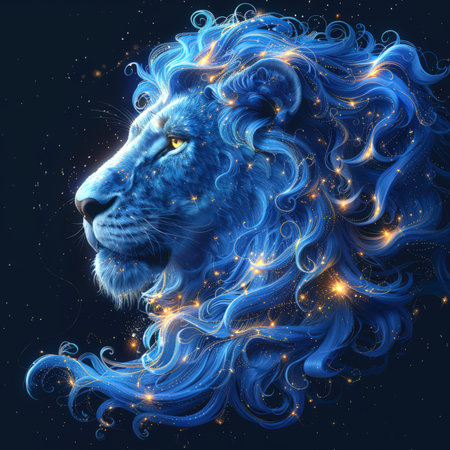 The astrological sign of the horoscope is Leo. A mystical lion with golden stars and cosmic dust in a blue mane. The lion is surrounded by a dark firmament. A stylish avatar. A totemic animalの素材