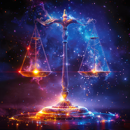 A mystical image of the astrological sign of the Libra horoscope. Space forecast for Libra. The scales are illuminated with bright golden stars and particles. The Prophecyの素材