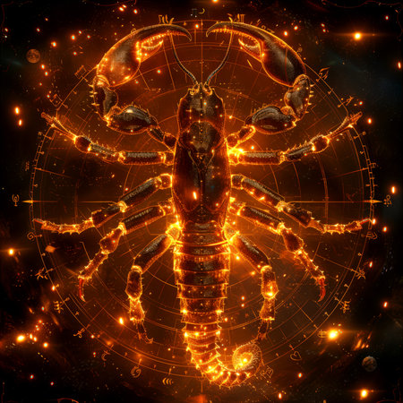 A close-up of the most dangerous sign of the horoscope - Scorpio. A black glowing scorpion against the background of the cosmic starry sky. The scorpion is depicted in a mystical circle. The scorpion is surrounded by fire, which gives it a fiery and dangerous appearanceの素材