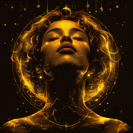 The astrological sign of the Virgo horoscope. A beautiful woman against the background of stars and celestial bodies. The Golden Virgin immaculate. A heavenly or dreamy atmosphere. Stylish avatarの素材