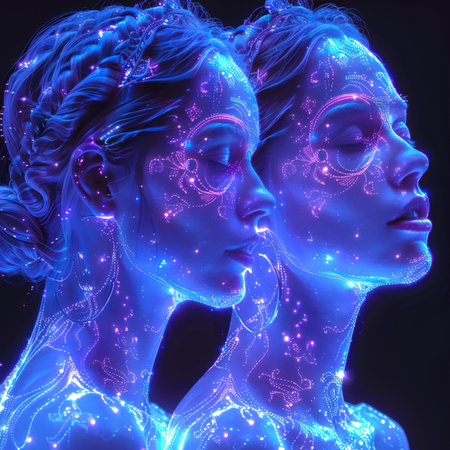 The astrological sign of the Gemini horoscope. The concept of the constellation of the Gemini sign in the form of two beautiful women. Two women surrounded by a galaxy of stars. The blue color scheme gives the impression of a futuristic or sci-fi settingの素材