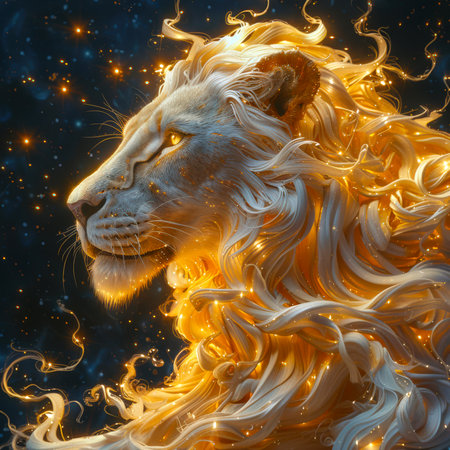 A white mystical lion with golden fur and mane against a blue starry sky. The lion's profile. The astrological sign of the horoscope is Leo. A proud, brave and strong predator. The King of beasts. Stylish avatarの素材