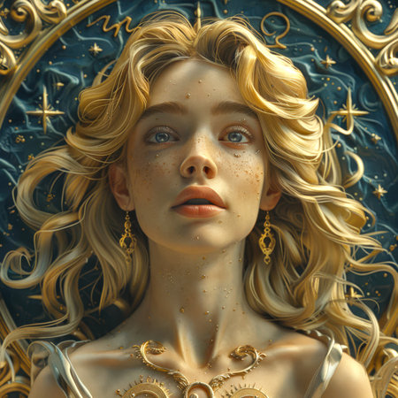 A woman with blonde hair and gold earrings is depicted in a gold frame. The astrological sign of the horoscope is Virgo. A stylish avatar. A symbol of youth and purity.の素材