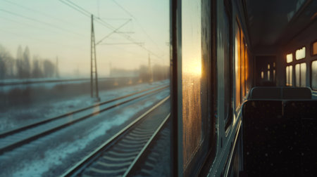 The view from the train window at the bleak winter evening landscape. The train is standing on the rails with a fogged window. The romance of traveling by train. The country's transport system. The train is moving, the sun is settingの素材