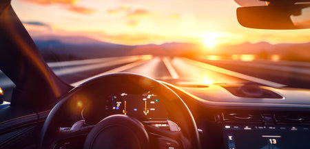 View of the sunset from the window of a moving car. A stylish cool car is driving along the road against the background of the sunset. There is a speedometer and navigation system on the dashboard. Traveling by car. Tourism and adventure.の素材