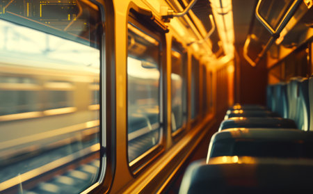 View of a passing train at sunset from the window of another train. The concept of adventure and travel. The romance of trains. Transport vehicle.の素材