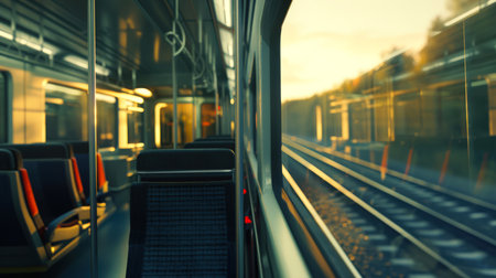 Traveling by train. The rails and another train are visible from the train window. The romance of adventure. Tourism. Transport vehicle.の素材