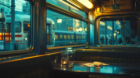 The interior of the train. From the window of the train you can see other trains, the railway station, people and the evening city. Tourism. Traveling by train. Transport vehicle.の素材