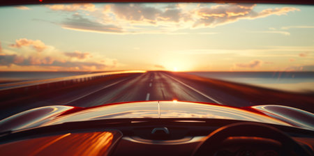 The concept of travel and adventure. The car is driving along the road against the background of a beautiful sunset. The sun is setting and clouds are covering the sky. The car is driving on the highway, a first-person view. Leasing. View from the windshield of the car.の素材