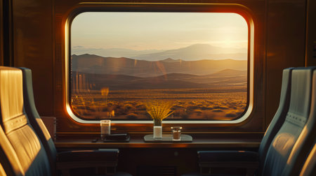 The train window offers views of the mountains and the autumn desert. The train is moving, the sun is setting. Traveling by train. An atmospheric shot for a travel advertisement.の素材