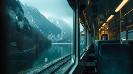 The train window offers a beautiful view of an amazing mountain range and a mystical lake. The train is moving through the mountains, and the view is breathtaking. Traveling by train. A transport concept.の素材
