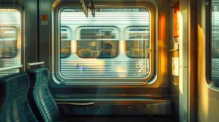 The view from the train window of another train passing by. The concept of movement across countries. Transport vehicle. Travel and tourism. The romance of adventure. The train is moving, but the inside of the train is empty.の素材