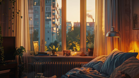 A small bedroom with a window overlooking the city landscape. The room is poorly lit and has a cozy atmosphere. The interior of an ordinary communal apartment.の素材