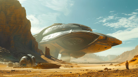 A large spaceship is flying over a desert landscape. The action takes place in a rocky area with no signs of life. A futuristic concept of an extraterrestrial civilization. UFO Baseの素材