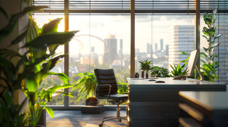 A modern office of a big boss with large panoramic windows, a black armchair, a desk and a computer monitor. The office is surrounded by lush green plants and offers views of the big city. Employee Searchの素材
