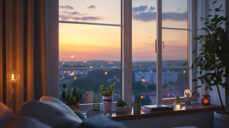 A room window with a view of the evening city at sunset. The room is dimly lit by candles. Cozy modern interior. The end of the working day. Time to rest and go to bed. Window design.の素材