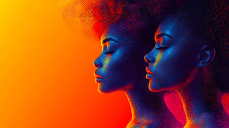 Two cyber women are standing next to each other and looking in the same direction. The idea of a backdrop for the design of a banner for a beauty salon with a copy space. March 8th. A symbol of spring and beautyの素材