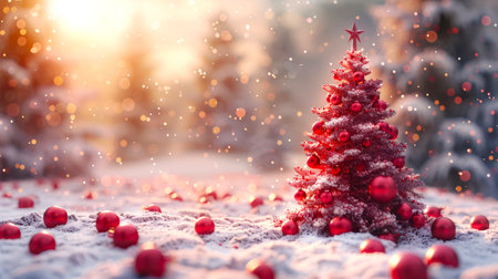A beautiful Christmas tree with a red star and red Christmas decorations stands in a snow-covered forest in a field dotted with red balloons. Happy New Year. The scene is peaceful and sereneの素材