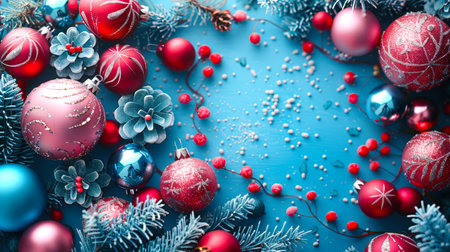 Festive background for New Year greetings. There are various Christmas decorations on the blue table, such as fir branches, cones, pink and red Christmas balls. The atmosphere of celebration and magic.の素材