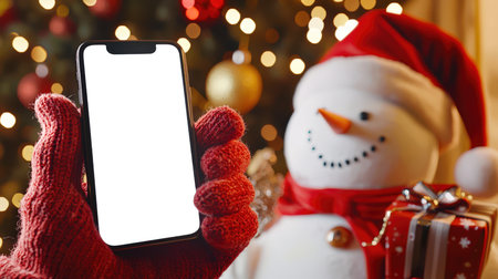 A mockup of the phone. A man is holding a phone with a white screen in his hand in a red knitted glove, and a snowman with a gift box is depicted in the background. The snowman is wearing a red scarf and a red hatの素材