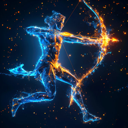 The concept of the astrological sign of the horoscope is Sagittarius. The picture shows a man with a bow and arrow surrounded by stars. There is something fabulous, unearthly in the picture: it seems that the figure of a man is floating in the skyの素材