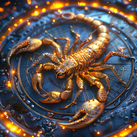 A golden mystical abstract scorpion is depicted on a blue background with a gold border. The concept of the horoscope sign is Scorpio. Astrological forecast for the scorpio signの素材
