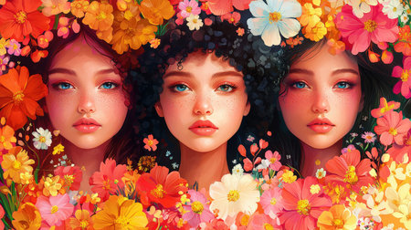 The symbol of spring. A greeting card for March 8 - International Women's Day. Portrait of three young women on a floral background, close-up of their faces. A painting with flowers creates a bright and cheerful moodの素材