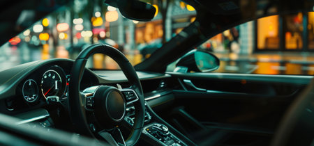 An automotive concept. A stylish car is parked on the street, the evening city is visible in the background with lights. Traveling by car. The interior of the car is dark and the dashboard is illuminatedの素材