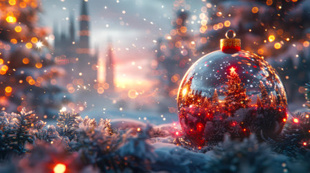 There is a Christmas decoration on the snow, which reflects a Christmas tree with a star. The concept of a festive background for a New Year's card. The picture is peaceful and sereneの素材