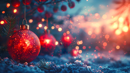 A red Christmas ball with a snowflake ornament hangs from the tree. The Christmas tree is surrounded by snow and lights. The concept of a New Year's card with a copy space. It's a time of magic. Festive background.の素材
