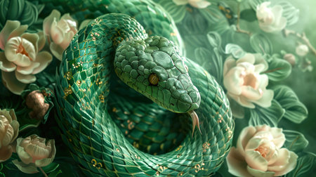 The snake as a symbol of the Chinese new Year 2025. A green snake with its tongue hanging out next to delicate pink and white flowers. The snake is surrounded by flowers, which gives the impression that it is part of the surrounding nature.の素材
