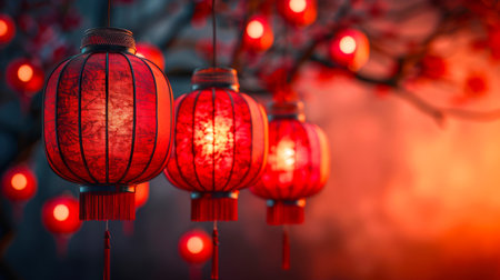 The concept of a New Year's background. A view of three Chinese red lanterns hanging from a tree. A New Year's banner with a copy space. The lanterns are lit and the scene unfolds against a dark background.の素材
