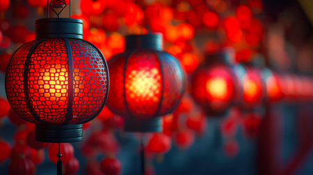 The symbol of the Chinese New Year. A New Year's card with a copy space. A row of beautiful red Chinese lanterns hangs from the ceiling. The lanterns are lit and create a warm, inviting atmosphere.の素材